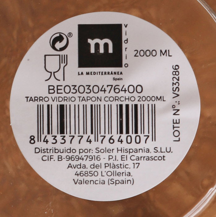 La Mediterranea Tarro de Vidrio con Tapón de Corcho 2000ml
