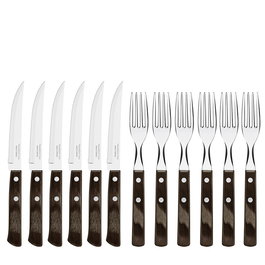 Tramontina Juego para Asado de 12 Piezas - Cuchillos y Tenedores de Acero Inoxidable con Mangos de Madera Polywood Color Castaño