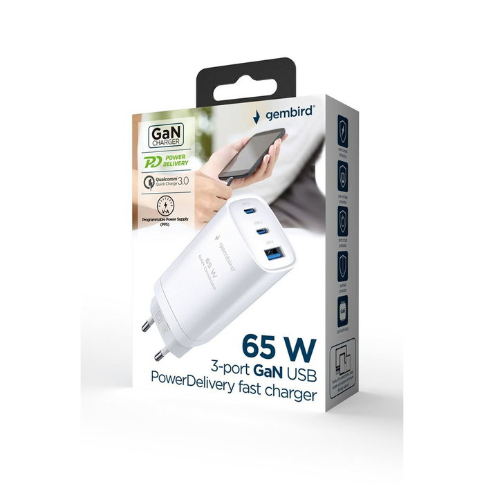 Gembird Cargador Rápido TA-UC-PDQC65-01-W con 2 puertos USB-C y 1 USB-A, Blanco Gembird Cargador Rápido TA-UC-PDQC65-01-W con 2 puertos USB-C y 1 USB-A, Blanco