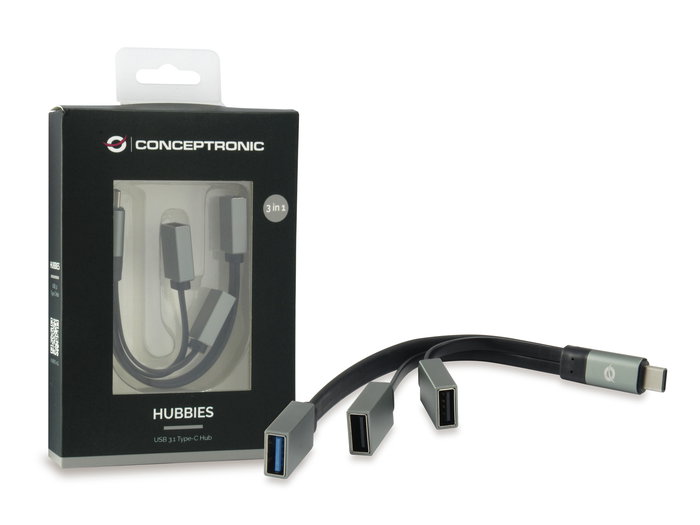 Conceptronic HUBBIES01GR Hub USB Tipo C con 1 Puerto USB 3.0 y 2 Puertos USB 2.0, Supervelocidad USB 3.0