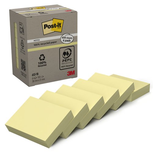 Post-It Bloc de Notas Autoadhesivas Recicladas 653 38x51 mm Canary Yellow, Pack de 6 Post-It Bloc de Notas Autoadhesivas Recicladas 653 38x51 mm Canary Yellow, Pack de 6