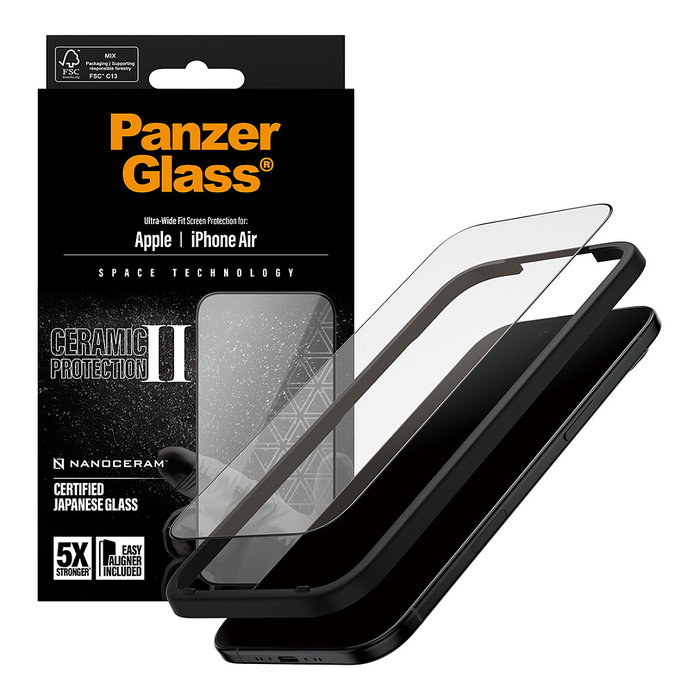 PanzerGlass Protector de Pantalla Ceramic II Ultra-Wide Fit para Apple iPhone Air con EasyAligner - Resistente a Rayones y Golpes - Cristal Templado Reciclado 60% - 1 Unidad