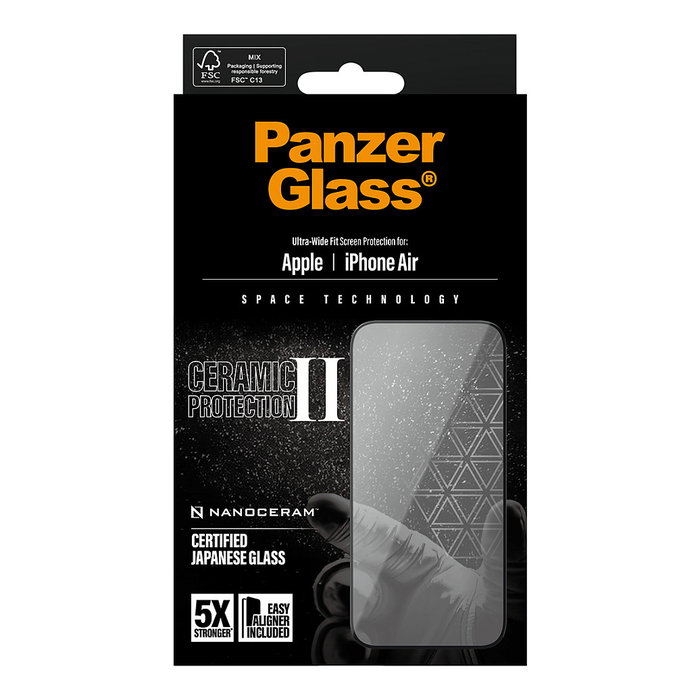 PanzerGlass Protector de Pantalla Ceramic II Ultra-Wide Fit para Apple iPhone Air con EasyAligner - Resistente a Rayones y Golpes - Cristal Templado Reciclado 60% - 1 Unidad