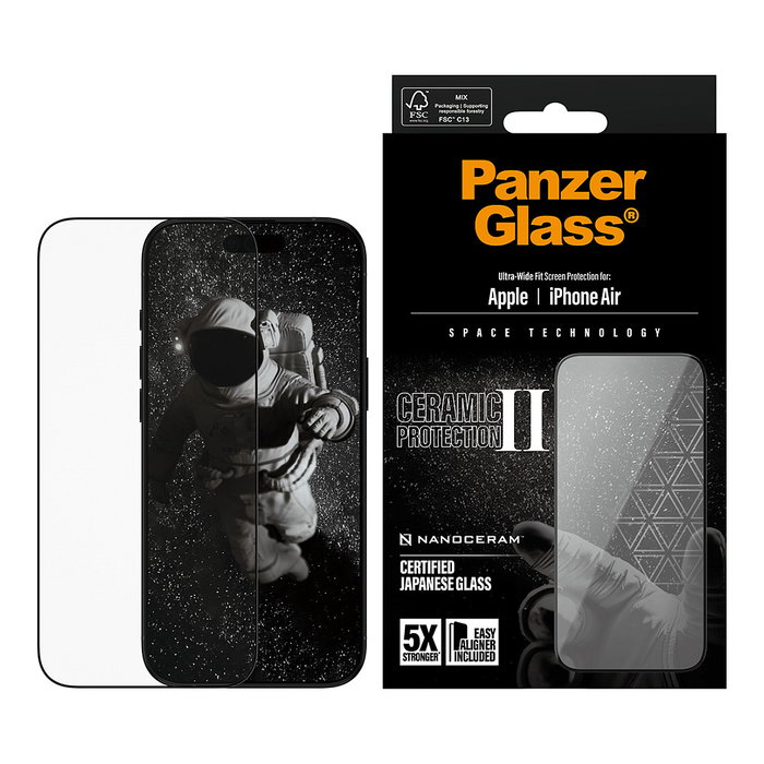 PanzerGlass Protector de Pantalla Ceramic II Ultra-Wide Fit para Apple iPhone Air con EasyAligner - Resistente a Rayones y Golpes - Cristal Templado Reciclado 60% - 1 Unidad