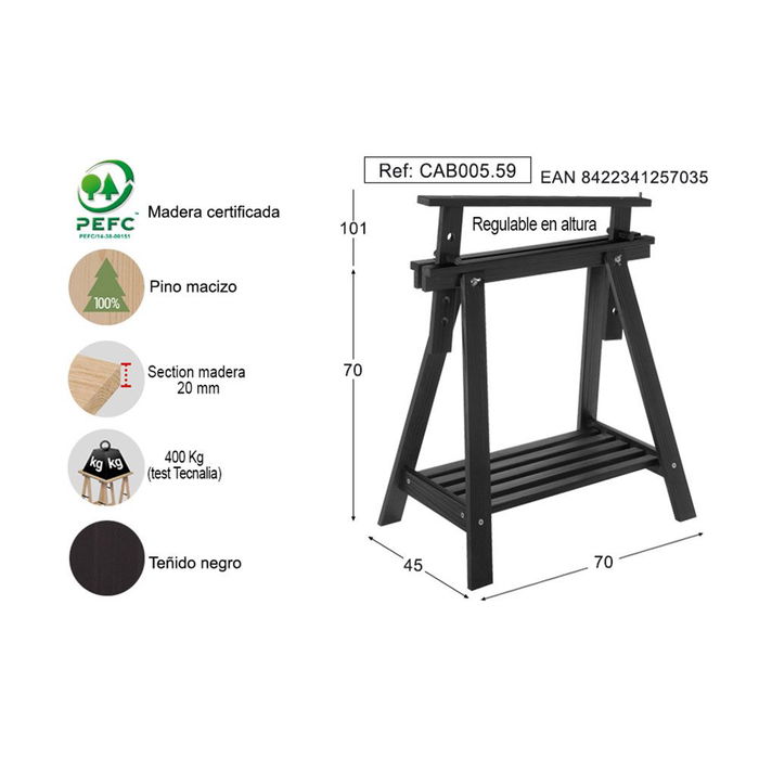 Astigarraga Cab005.59 Caballete Architect Pino Macizo Negro Regulable 70-101 cm