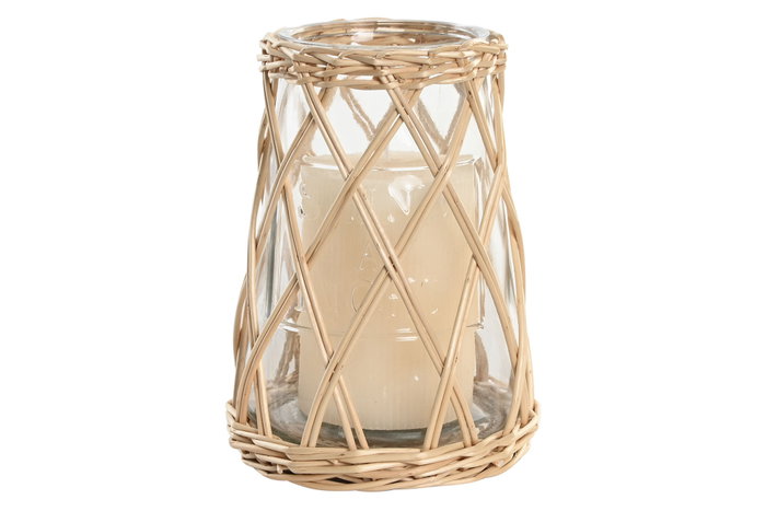 DKD Home Decor Portavelas de Cristal y Fibra Natural 18x18x24 cm