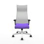 Sillón Albacete con mecanismo Sincro tapizada con Tela color Lila y malla color Blanco. Equipado con Base poliamida blanca, Brazos 1D y Ruedas 65mm nailon