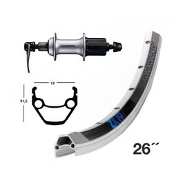 Winora EXAL ZX 19 Rueda trasera 26" Aluminio plata mate Cierre rápido Shimano 8-10V Freno llanta