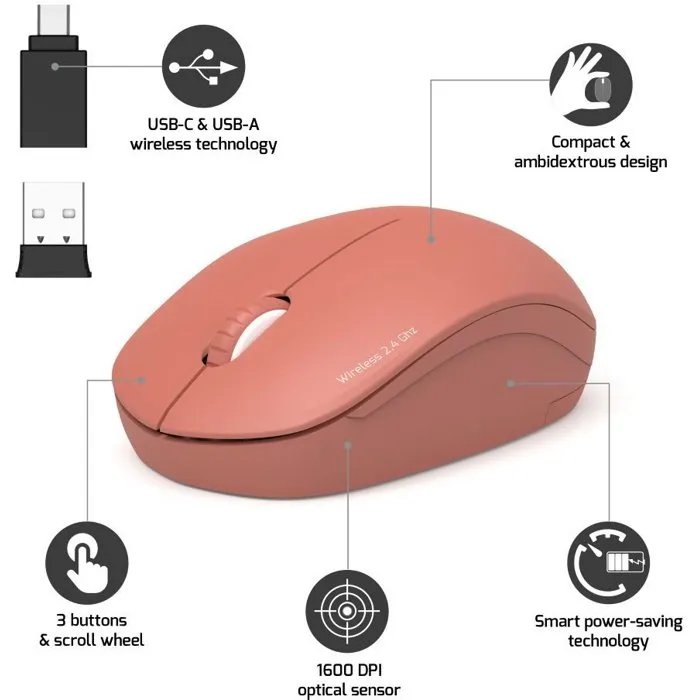 Port Designs Ratón Inalámbrico Colección II 900542 - 2.4 GHz, Terracota, Receptor USB