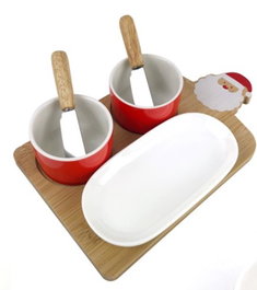 DKD Home Decor Set de Aperitivo Papa Noel de Gres y Bambú, 6 piezas