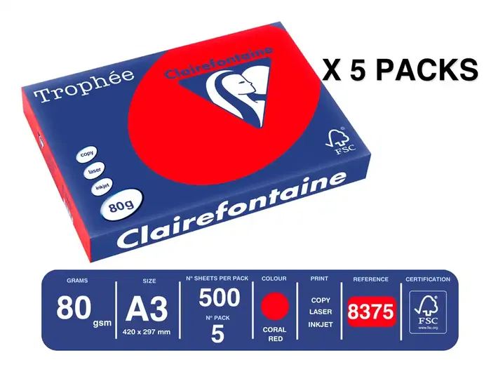 Trophee Papel Color A3 80gr Rojo Coral Paquete 500 Hojas