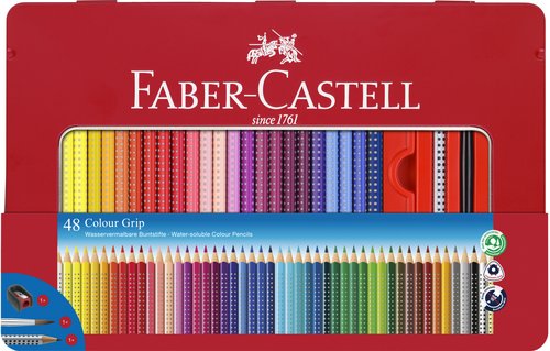 Faber Castell Lápices Colour Grip con accesorios en estuche de metal de 48 unidades
