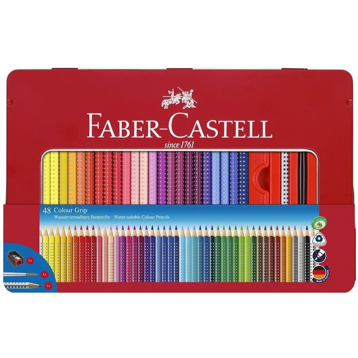 Faber Castell Lápices Colour Grip con accesorios en estuche de metal de 48 unidades