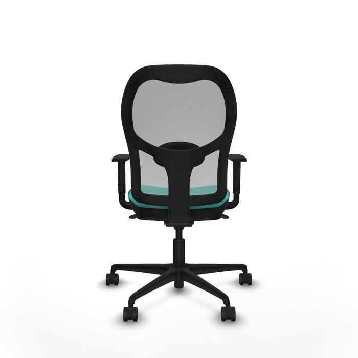 Silla de oficina Jorquera con mecanismo Sincro tapizada con Similpiel color Turquesa y malla color Gris. Equipada con lumbar 1D, Brazos 1D y Ruedas 65mm nailon