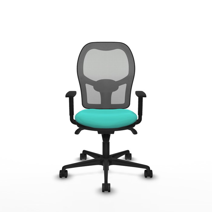Silla de oficina Jorquera con mecanismo Sincro tapizada con Similpiel color Turquesa y malla color Gris. Equipada con lumbar 1D, Brazos 1D y Ruedas 65mm nailon