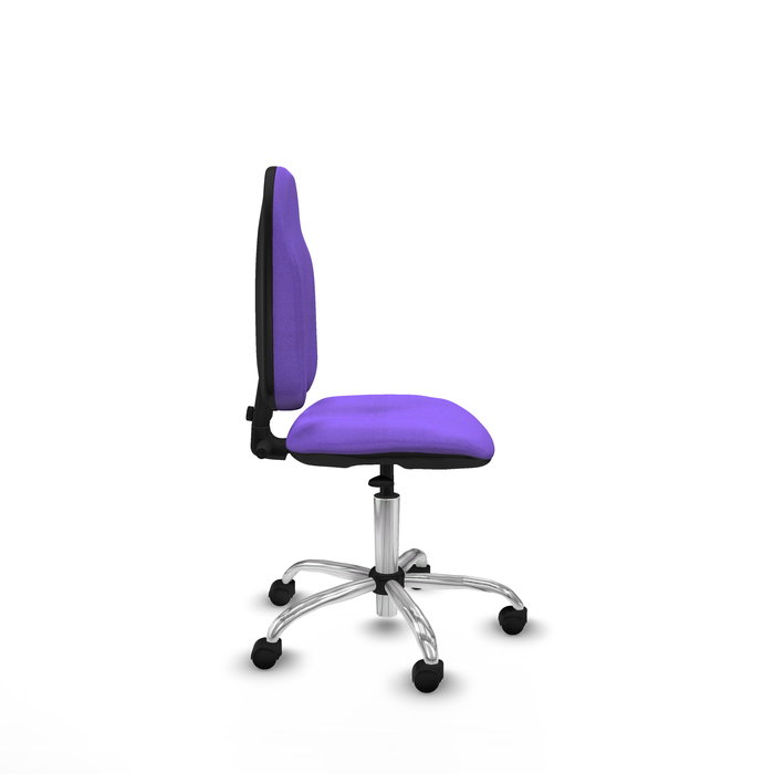 Silla de oficina Algarra con mecanismo Contacto permanente básico tapizada con Tela color Lila. Equipada con Base cromada, Sin brazos y Ruedas de nailon 50 mm Silla de oficina Algarra con mecanismo Contacto permanente básico tapizada con Tela color Lila. Equipada con Base cromada, Sin brazos y Ruedas de nailon 50 mm