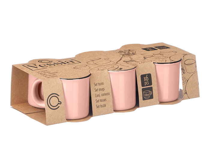 Vessia Set de 6 Tazas de Café de Porcelana, Color Rosa, 100 ml - Dimensiones del Set: 28.8 x 7 x 12.8 cm (Set de 12)