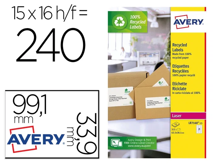 Avery Etiquetas Adhesivas Blancas Permanentes Recicladas 100% Láser 99,1x33,9 mm Caja 240 Unidades Avery Etiquetas Adhesivas Blancas Permanentes Recicladas 100% Láser 99,1x33,9 mm Caja 240 Unidades