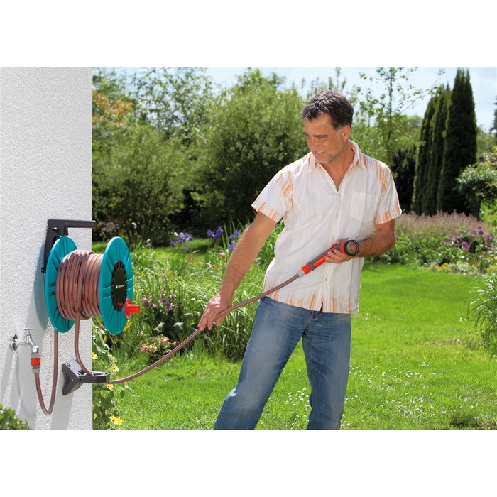 Gardena Carrete de Pared Classic 2650-20 con Manguera 60 m, Negro y Turquesa