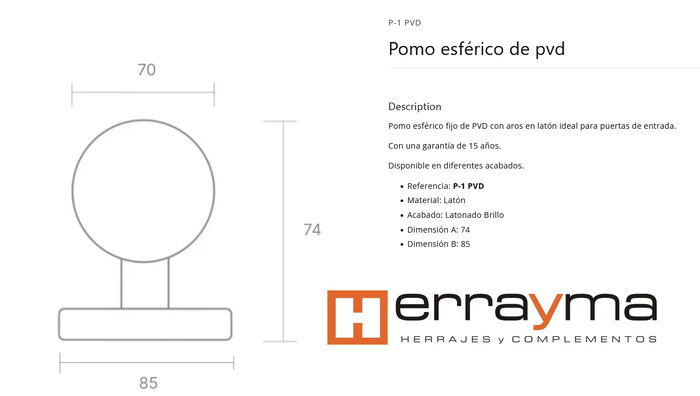 POMO TIRADOR ESFERICO PUERTAS ENTRADA LATON BRILLO 85Ø = P-1 PVD POMO TIRADOR ESFERICO PUERTAS ENTRADA LATON BRILLO 85Ø = P-1 PVD