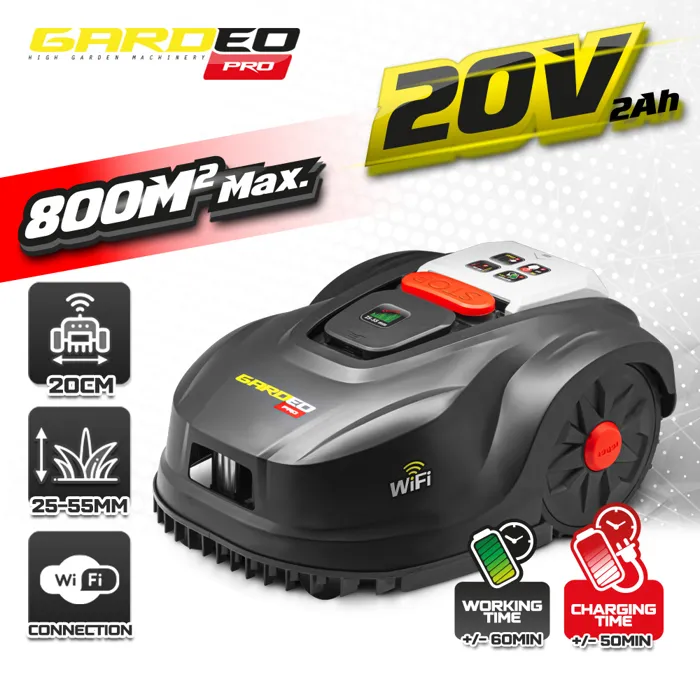 Gardeo Robot Cortacésped GRO20V20WIFI-2A 20V 800m² Programable con WiFi