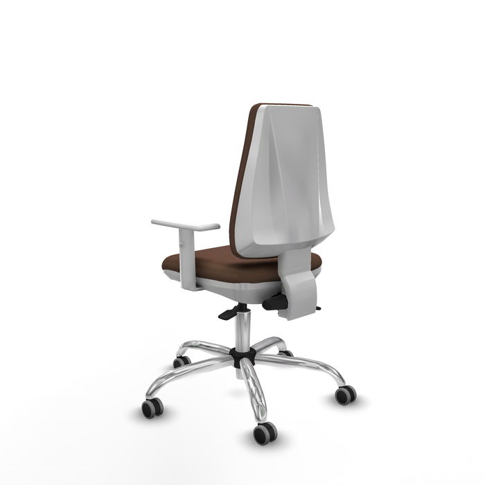 Silla de oficina Elche con mecanismo Asincro tapizada con Tela color Marrón oscuro. Equipada con Base cromada, Reposabrazos blancos y Ruedas 65 mm parqué