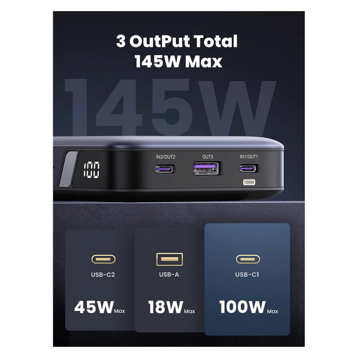 UGREEN 90597A Batería Externa 25000 mAh Carga Rápida 145W Gris