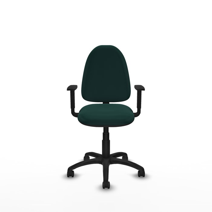 Silla de oficina Aýna con mecanismo Contacto permanente básico tapizada con Similpiel color Verde botella. Equipada con Base poliamida negra, Brazos 1D y Ruedas de parqué