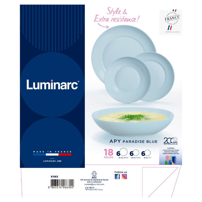 Vajilla Opal Apy Paradise Azul Luminarc 18 Piezas - 6 Personas