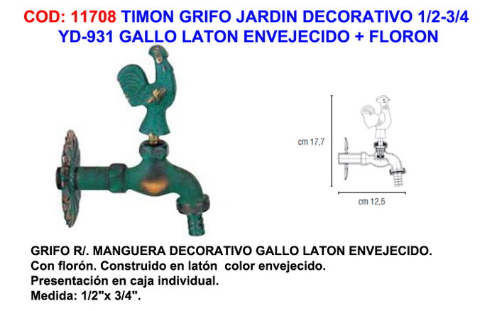 PLUVIA Grifo de Jardín Decorativo YD931 Gallo en Latón con Flor PLUVIA Grifo de Jardín Decorativo YD931 Gallo en Latón con Flor