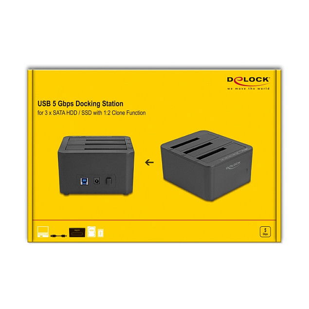 DeLOCK 64332 Docking Station USB para 3 Unidades HDD/SSD SATA III con Función Clonado 1:2, USB 3.2 Gen 1, Plug and Play, Compatible Windows/Mac/Linux