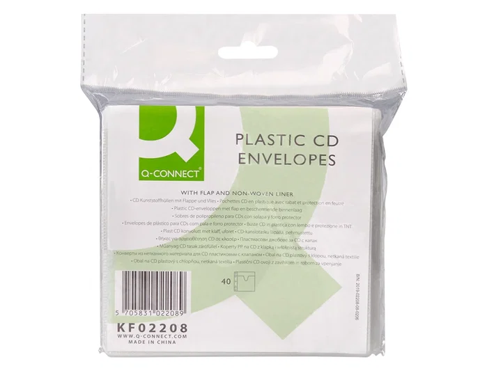 Q-connect Sobre para 2 CD polipropileno con solapa multitaladro, pack de 40 unidades