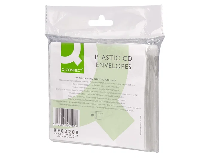 Q-connect Sobre para 2 CD polipropileno con solapa multitaladro, pack de 40 unidades