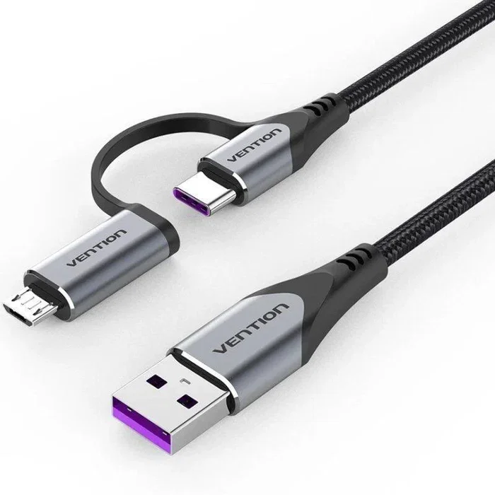 Vention CQFHF Cable USB-A 2.0 a 2-en-1 USB-C y Micro-B, 480 Mbps, 5A, 1m, Color Gris Metalizado, Trenzado Textil Vention CQFHF Cable USB-A 2.0 a 2-en-1 USB-C y Micro-B, 480 Mbps, 5A, 1m, Color Gris Metalizado, Trenzado Textil