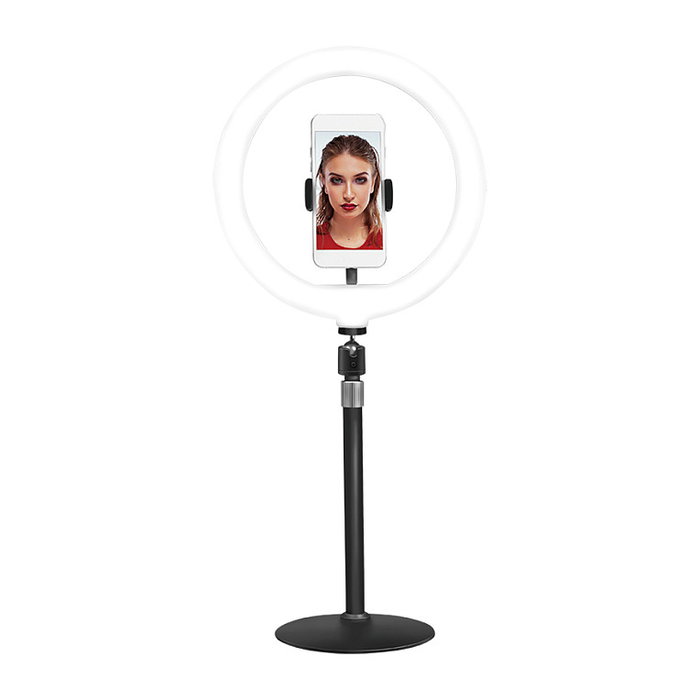 LogiLink Anillo LED con Trípode para Smartphone AA0152 - Diámetro 25 cm, 700 lm, Luz Blanca/Cálida Ajustable, USB, para Pantallas hasta 7"
