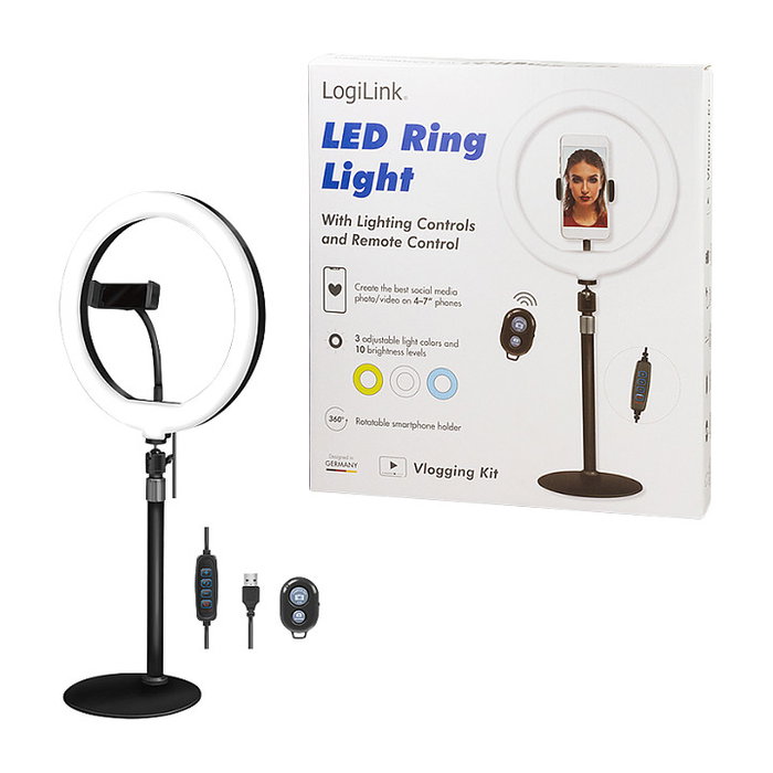 LogiLink Anillo LED con Trípode para Smartphone AA0152 - Diámetro 25 cm, 700 lm, Luz Blanca/Cálida Ajustable, USB, para Pantallas hasta 7"