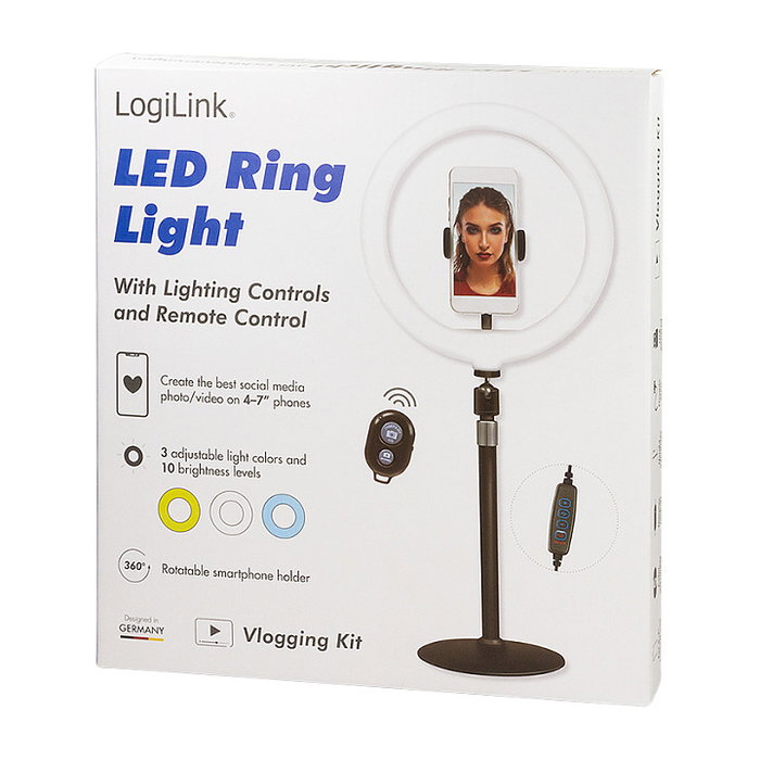 LogiLink Anillo LED con Trípode para Smartphone AA0152 - Diámetro 25 cm, 700 lm, Luz Blanca/Cálida Ajustable, USB, para Pantallas hasta 7"