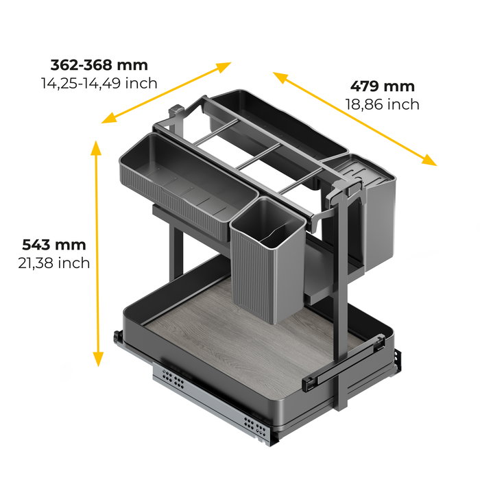 Emuca Carro extraíble con cestas y accesorios Harmony con cierre suave, Módulo ancho 400mm alto 700mm, Acero y Madera, Gris antracita