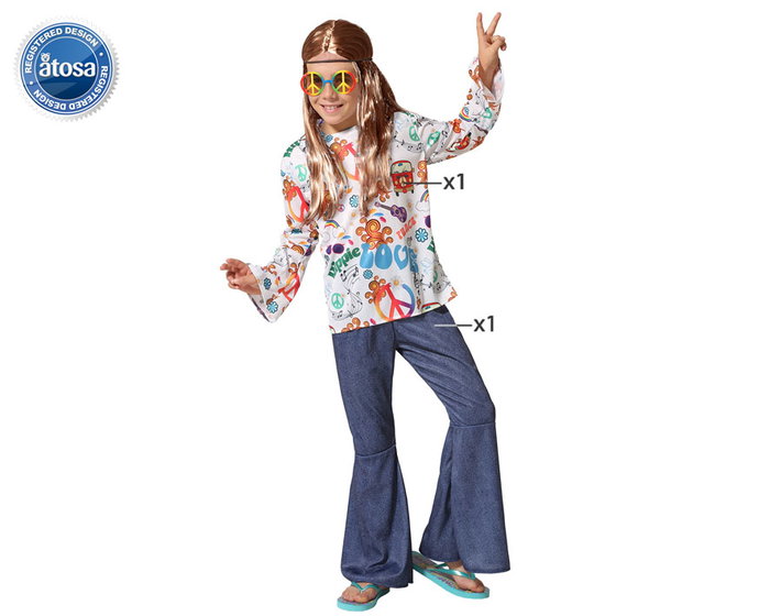 Disfraz Hippie Niño Multicolor 10-12 Años - Camiseta y Pantalón Elefante - Fiesta Carnaval