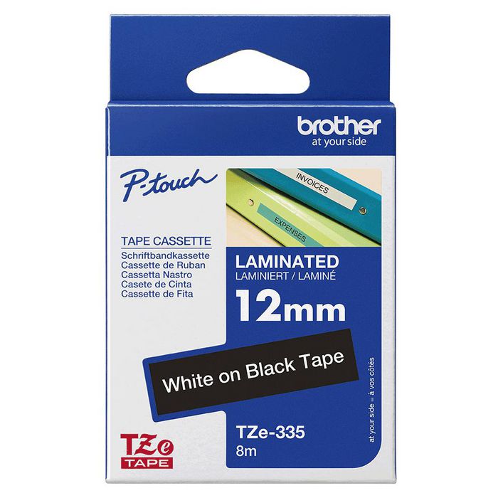Brother TZe-335 Cinta Laminada 12mm Blanco sobre Negro 8m