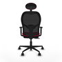 Silla de oficina Jorquera con mecanismo Sincro/Traslack tapizada con Tela color Rojo y malla color Negro. Equipada con lumbar 1D, Brazos 1D, Cabecero Fijo y Ruedas 65mm nailon