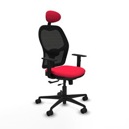 Silla de oficina Jorquera con mecanismo Sincro/Traslack tapizada con Tela color Rojo y malla color Negro. Equipada con lumbar 1D, Brazos 1D, Cabecero Fijo y Ruedas 65mm nailon