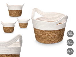 Giftdecor Set 3 Cestos Redondos con Asas para Organización, Papel-Esparto, Blanco, 16 cm Alto - Incluye Grande, Mediano y Pequeño (Set de 8)