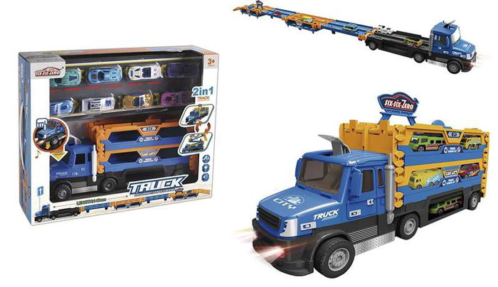 Camión portacoches six six zero extensible incluye 8 coches 32x14x8cm, longitud hasta 140cm