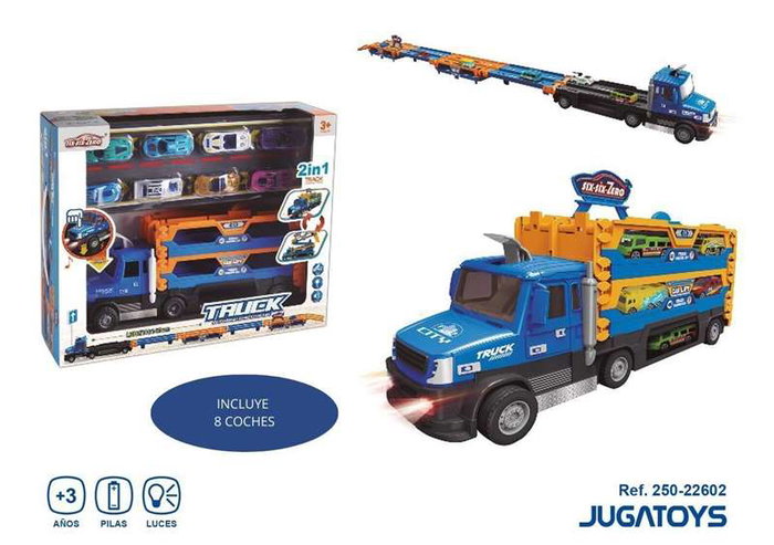 Camión portacoches six six zero extensible incluye 8 coches 32x14x8cm, longitud hasta 140cm