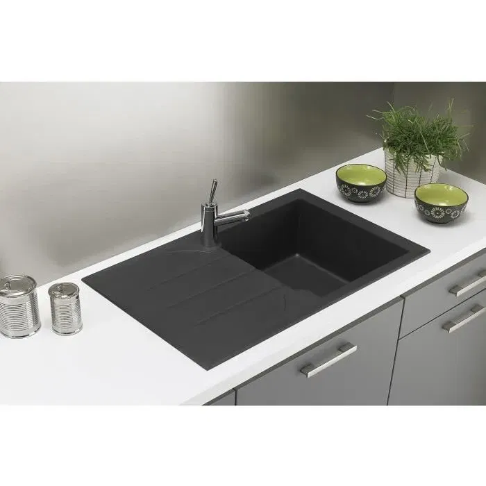 Stradour Aloa Fregadero de Cocina Empotrado 1 Tazón + 1 Escurridor Resina Negro 81 x 50 cm