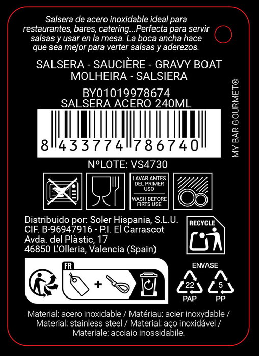 My Bar Salsera Acero Inoxidable 240 ml (21x9.6x10 cm) (12 Unidades)