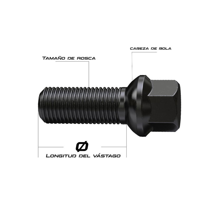 OMP Juego de 4 Tornillos Rueda OMPS09521401 - M14x1.25, Asiento Conico, Largo 28 mm, Llave 17, Color Negro, Material DIN 10.9
