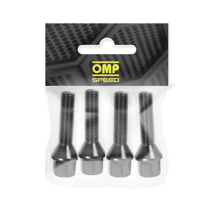 OMP Juego de 4 Tornillos Rueda OMPS09521401 - M14x1.25, Asiento Conico, Largo 28 mm, Llave 17, Color Negro, Material DIN 10.9