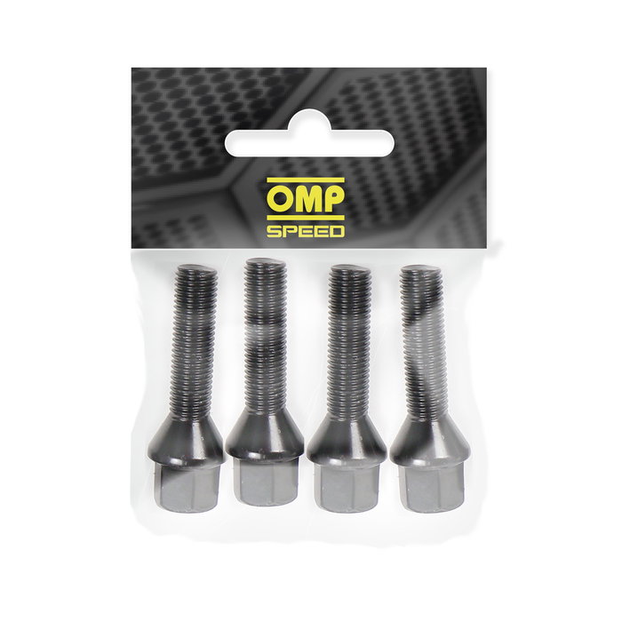 OMP Juego de 4 Tornillos Rueda OMPS09521401 - M14x1.25, Asiento Conico, Largo 28 mm, Llave 17, Color Negro, Material DIN 10.9